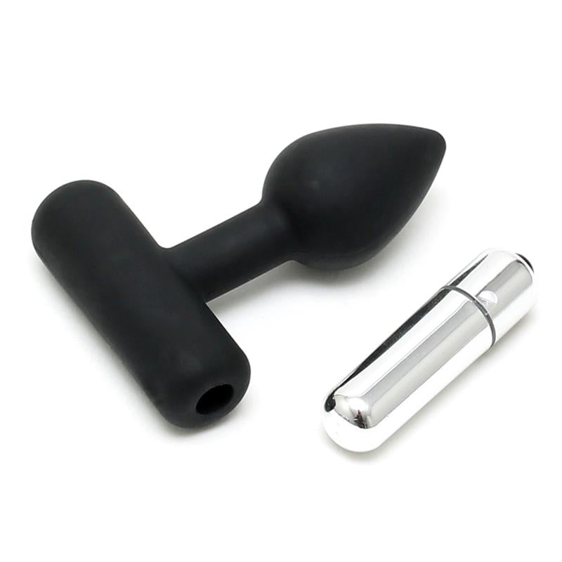 Rimba Latex Play Butt Plug with Vibrating Bullet Black