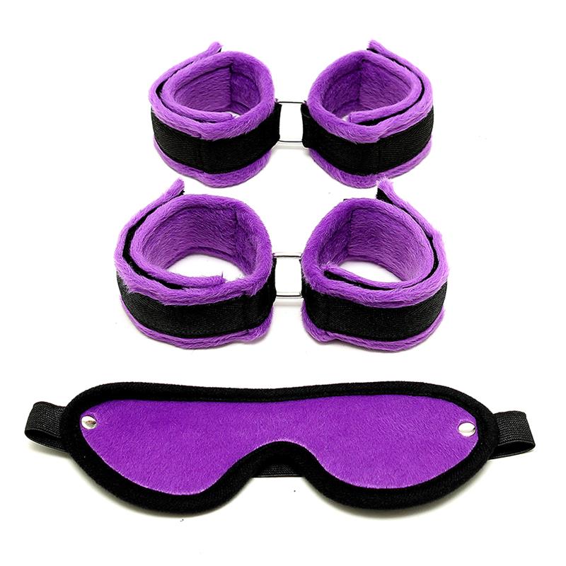 Rimba Bondage Play Handcuffs Foot Cuffs and Mask Purple