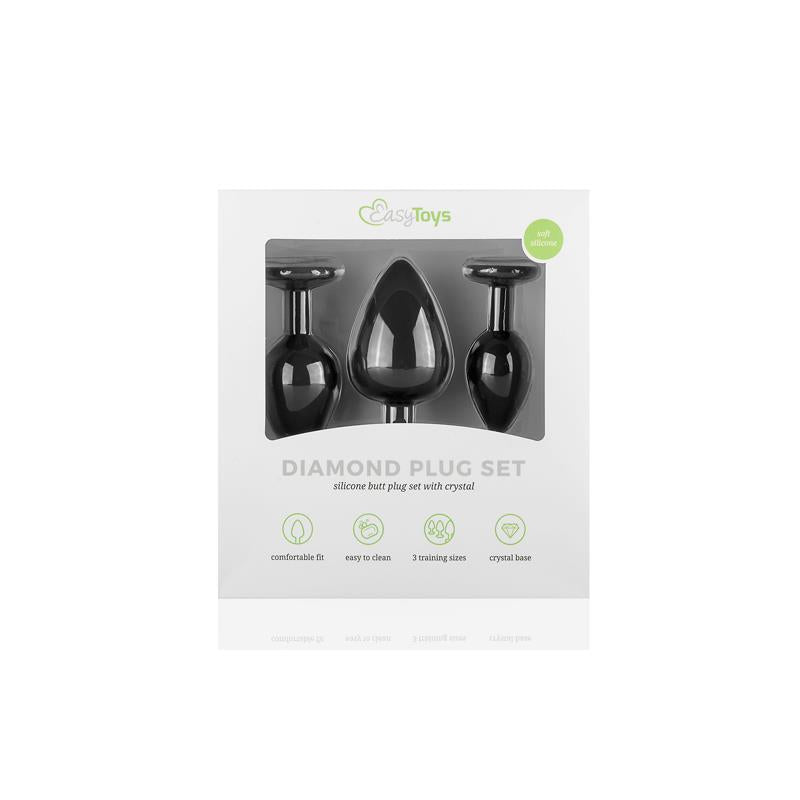 Pack 3 Butt Plug with Crystal Silicone Black