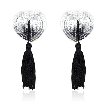 Self Adhesive Heart Sequin Nipple Cover with Tassel Silver Black