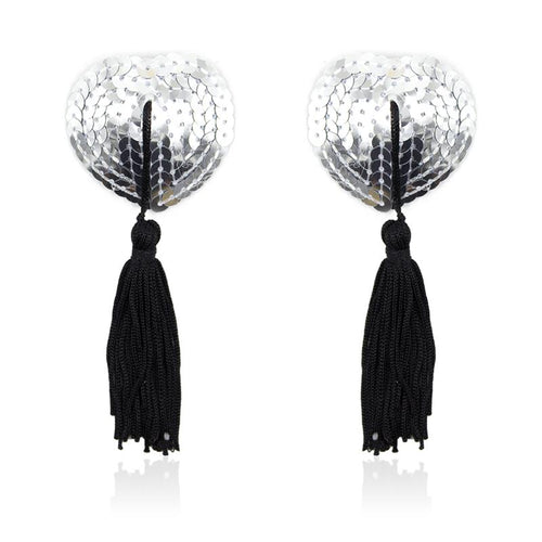 Self Adhesive Heart Sequin Nipple Cover with Tassel Silver Black