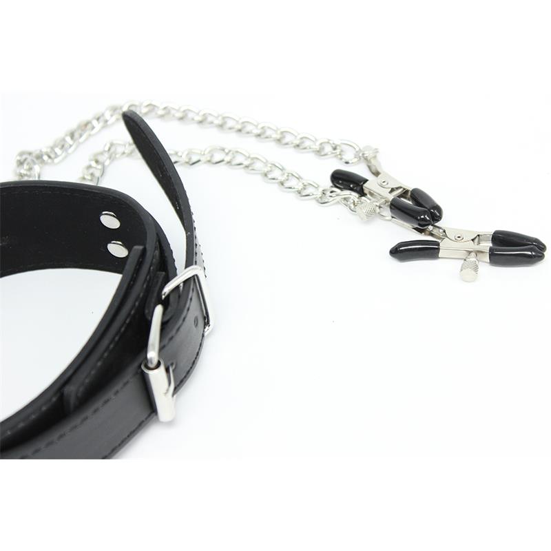 Collar with Nipple Clamps and metal Chain Black