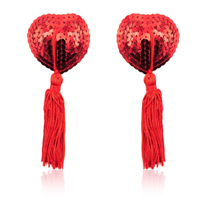 Heart Sequin Nipple Cover with Tassel Red