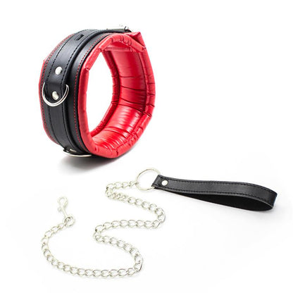 Collar With Metal Leash Padded Interior Red Black